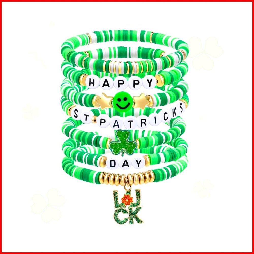 Stretch Shamrock Charm Bracelet Set, 7-Piece Green Beads, One Size